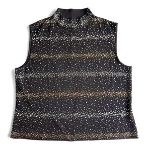 St. John Santana Knit Black Gold Silver Studded Mock Neck Sleeveless Top Size 14